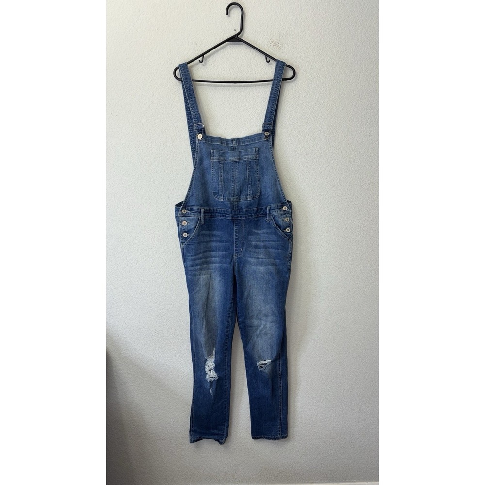 KanCan Cleo-Allie Distressed Blue Denim Skinny Overalls Women's Size L Med Wash